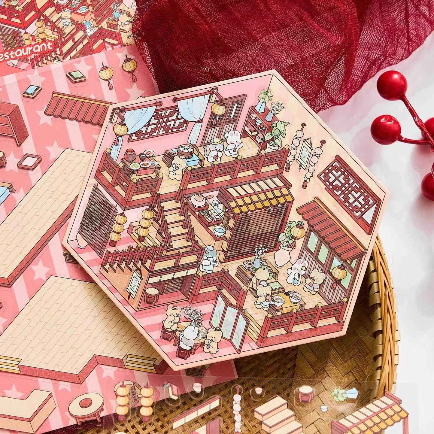 Cute Bunny Shop – 3D Sticker Scenes - 4 Theme Sets: Library | Coffee Shop | Supermarket | Restaurant