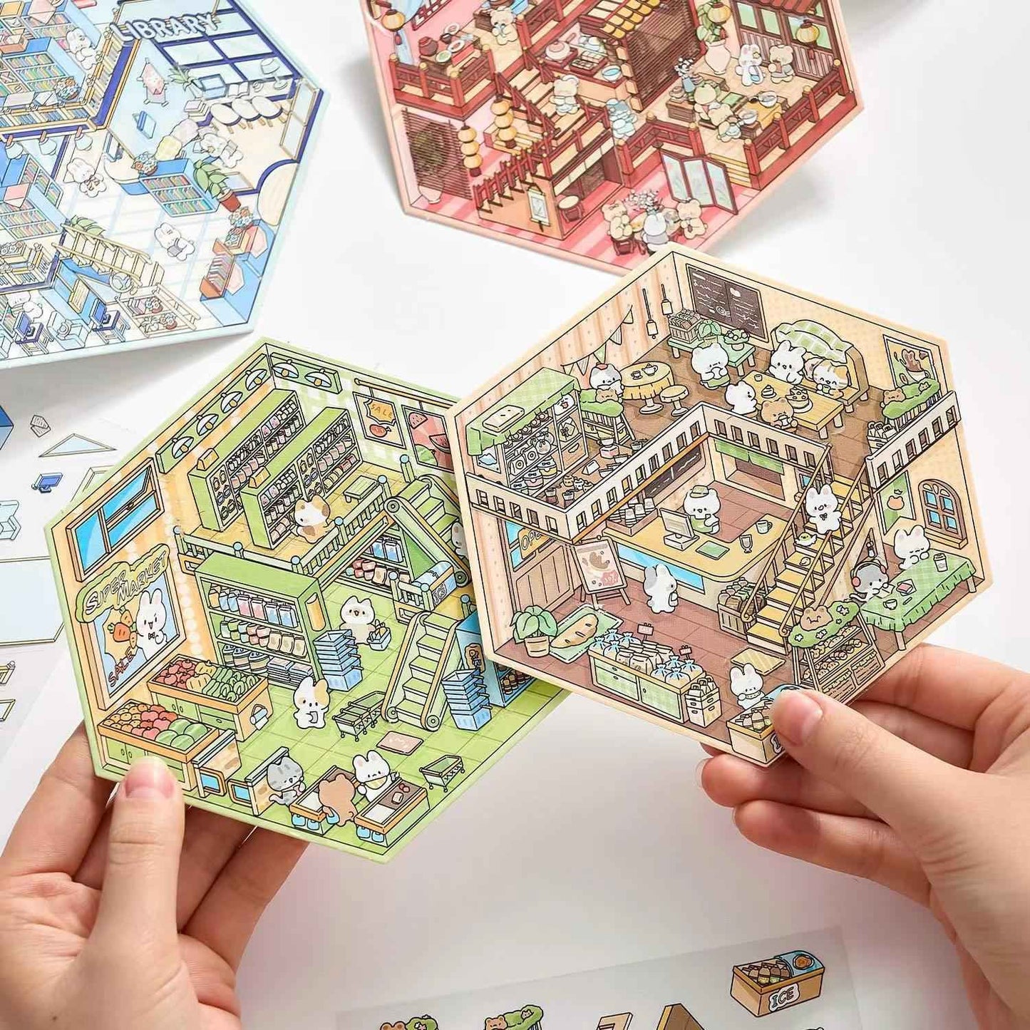 Cute Bunny Shop – 3D Sticker Scenes - 4 Theme Sets: Library | Coffee Shop | Supermarket | Restaurant