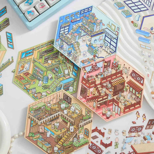 Cute Bunny Shop – 3D Sticker Scenes - 4 Theme Sets: Library | Coffee Shop | Supermarket | Restaurant