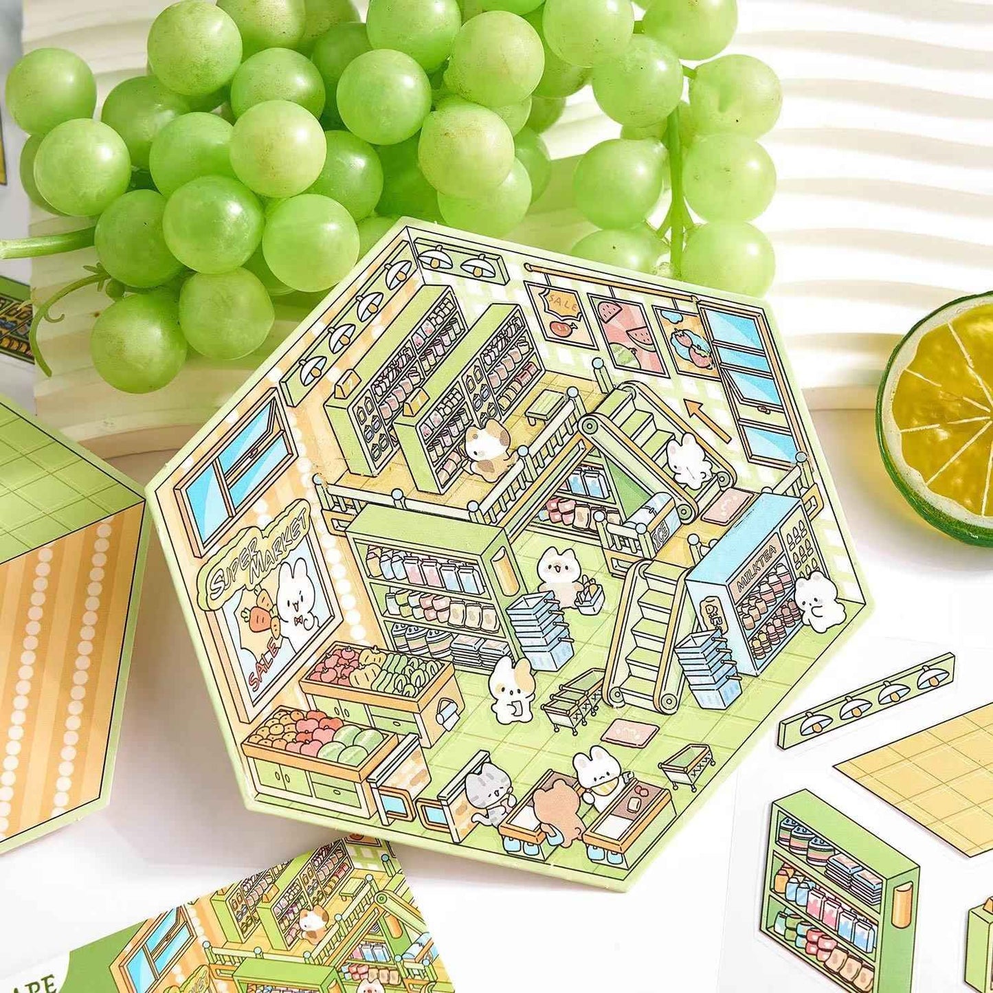 Cute Bunny Shop – 3D Sticker Scenes - 4 Theme Sets: Library | Coffee Shop | Supermarket | Restaurant