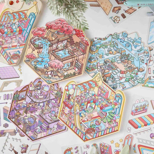 Magical Party 2.5D – 3D Miniature Sticker Scenes - 4 Theme Sets: Snowy World | Amusement Park | Magical Party | Sakura Hot Springs