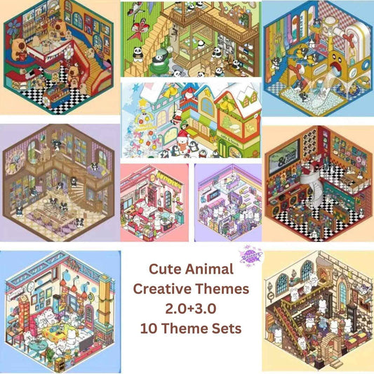 Cute Animal Creative Themes 2.0+3.0 – 3D Sticker Scenes - 10 Theme Sets: Capybara Toy Store | Duckling Paradise | Magic Library | Little Monster Record Shop | Little Bedroom | Little Living Room | Arcade | Magic House | Christmas | Panda Tea House