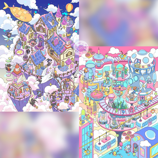 Fantasy Sky Island – 3D Miniature Scene Stickers (Plus Size) – 2 Theme Sets: Magic Castle | Robot Future City