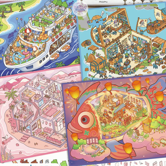 Island Adventure – 3D Miniature Scene Stickers (Plus Size) – 4 Theme Sets: Wishing Fish Island | Pink Island Villa | Treasure Island | Cruise Island