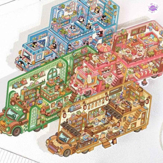 Animal RV – 3D Miniature Sticker Scenes - 4 Theme Sets: Shiba Inu Snack RV | Capybara Forest RV | Penguin Snowy RV | Puppy Pink RV