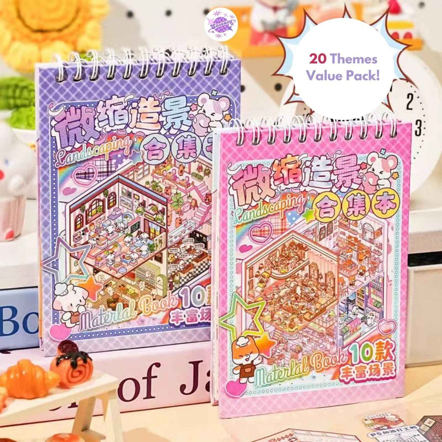 Cute Animals 2.0 Mini 3D Scene Stickers Scrapbook – 20 Unique Themes: Purple Book(10 Themes) | Pink Book(10 Themes)