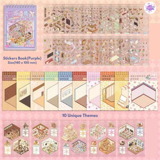 Cute Animals 2.0 Mini 3D Scene Stickers Scrapbook – 20 Unique Themes: Purple Book(10 Themes) | Pink Book(10 Themes)