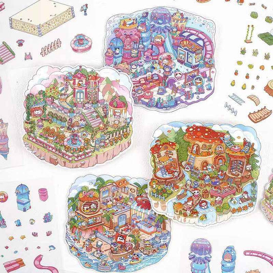 Cute Kitty Adventurer – 3D Miniature Sticker Scenes - 4 Theme Sets: Forest Mushroom House | Island Amusement Park | Underwater Expedition | Sky Island Garden