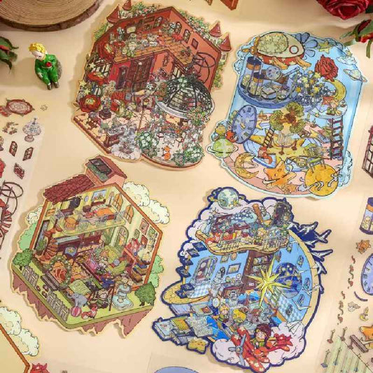 Prince Fairy Tale Book Series – 3D Miniature Sticker Scenes - 4 Theme Sets: Rose Collector | Star Museum | Galactic Spaceship | Sunset Cloud House