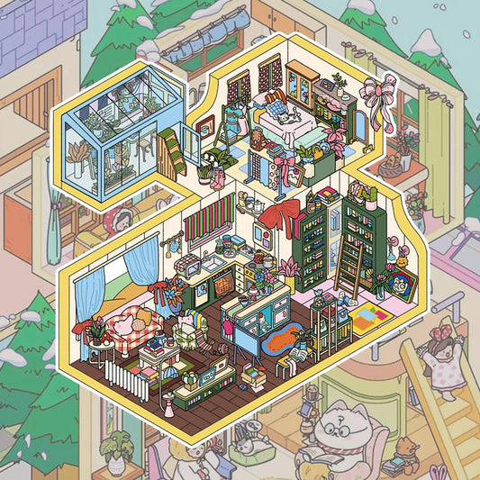 American Lifestyle – 3D Miniature Scene Stickers (Plus Size) – 4 Theme Sets: American Villa | Night Market | Winter Cabin | Sunny Beach