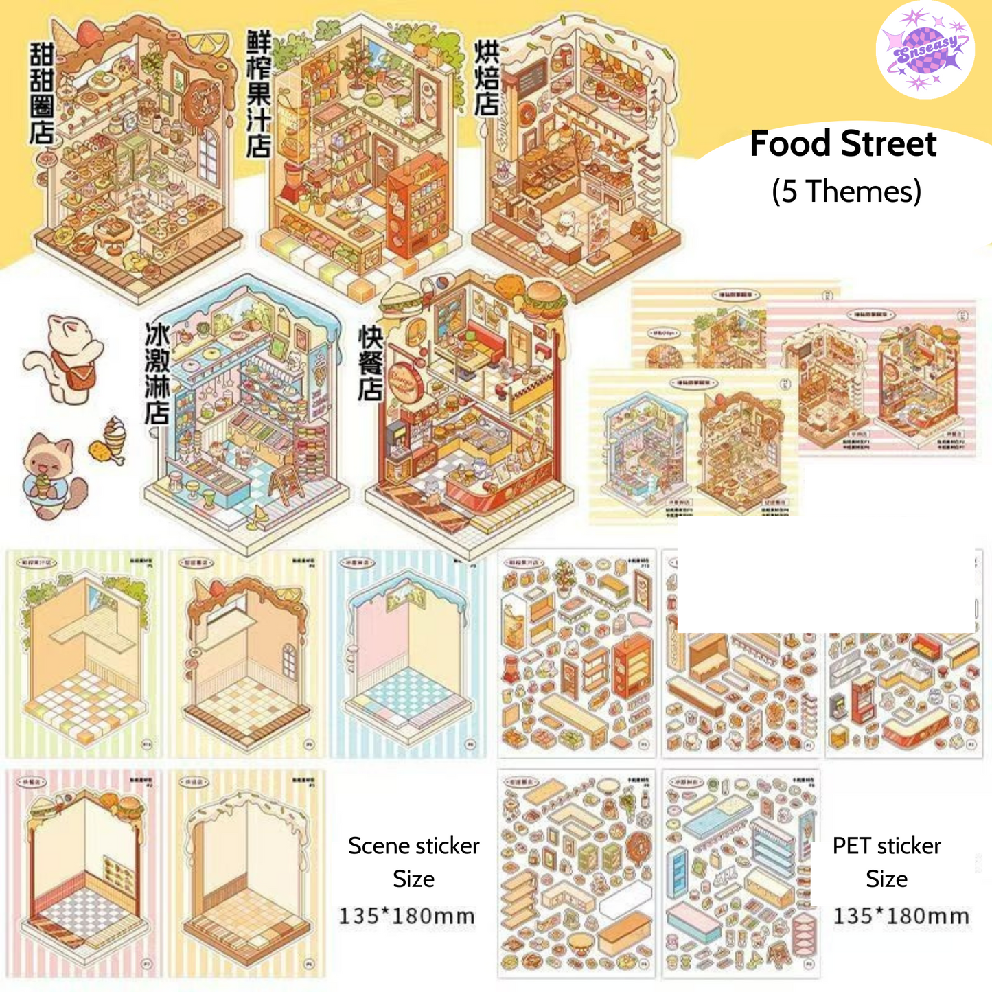 Cat Shop Series Miniature 3D Scene Stickers Scrapbook 8.0 - 10 Unique Themes Sticker Books: Food Street 5 Themes | Business Street 5 Themes