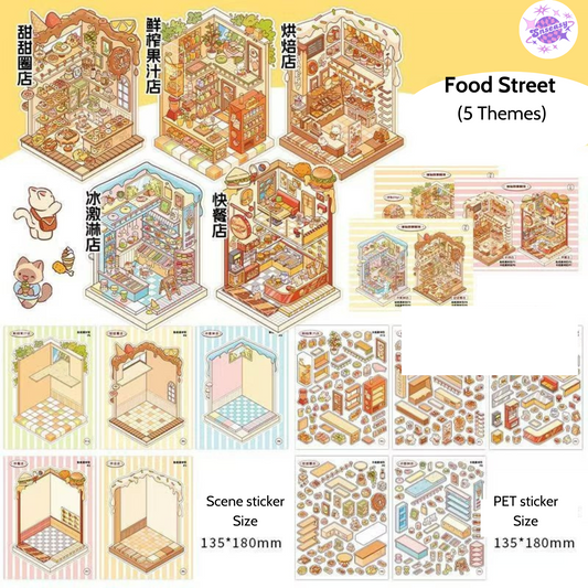Cat Shop Series Miniature 3D Scene Stickers Scrapbook 8.0 - 10 Unique Themes Sticker Books: Food Street 5 Themes | Business Street 5 Themes