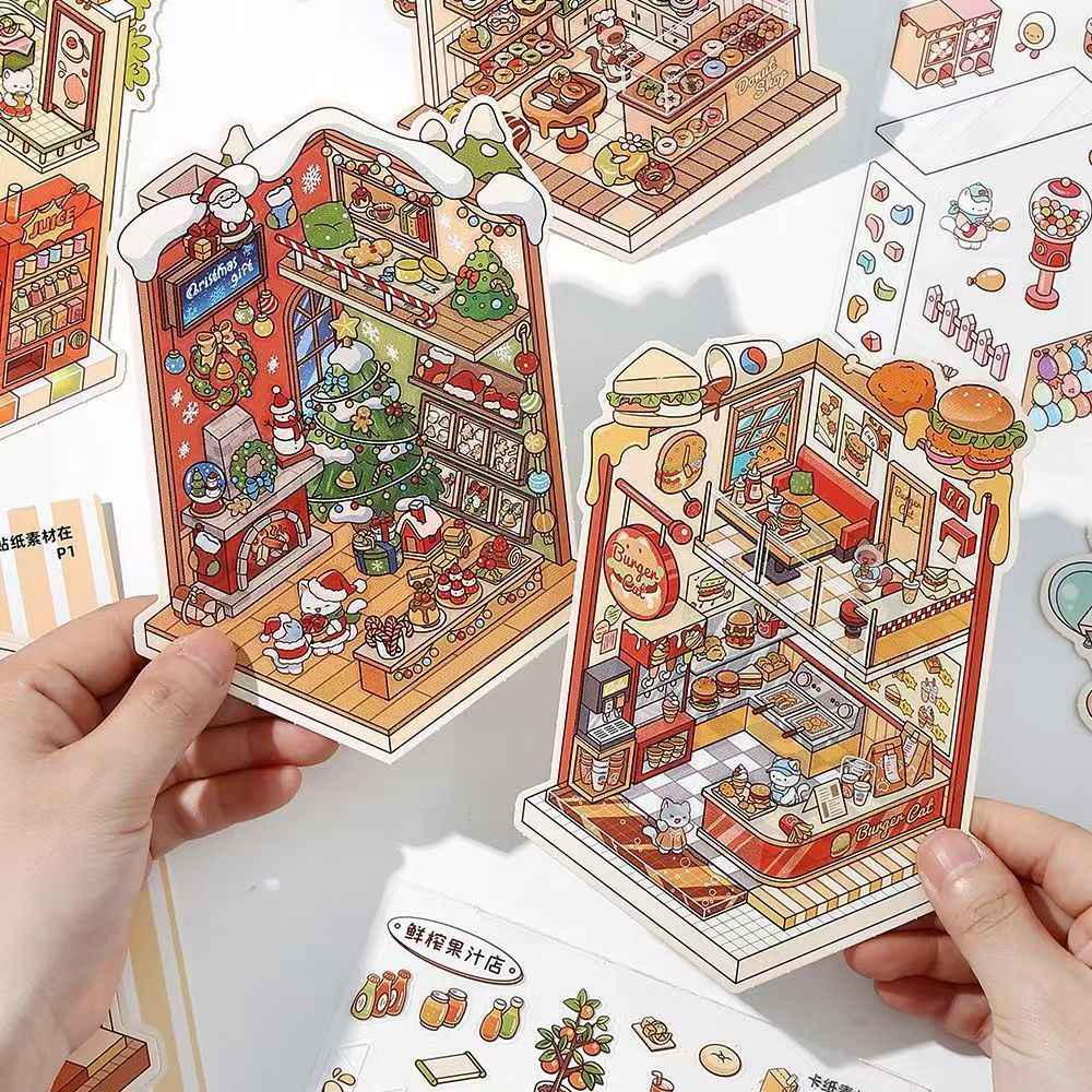 Cat Shop Series Miniature 3D Scene Stickers Scrapbook 8.0 - 10 Unique Themes Sticker Books: Food Street 5 Themes | Business Street 5 Themes
