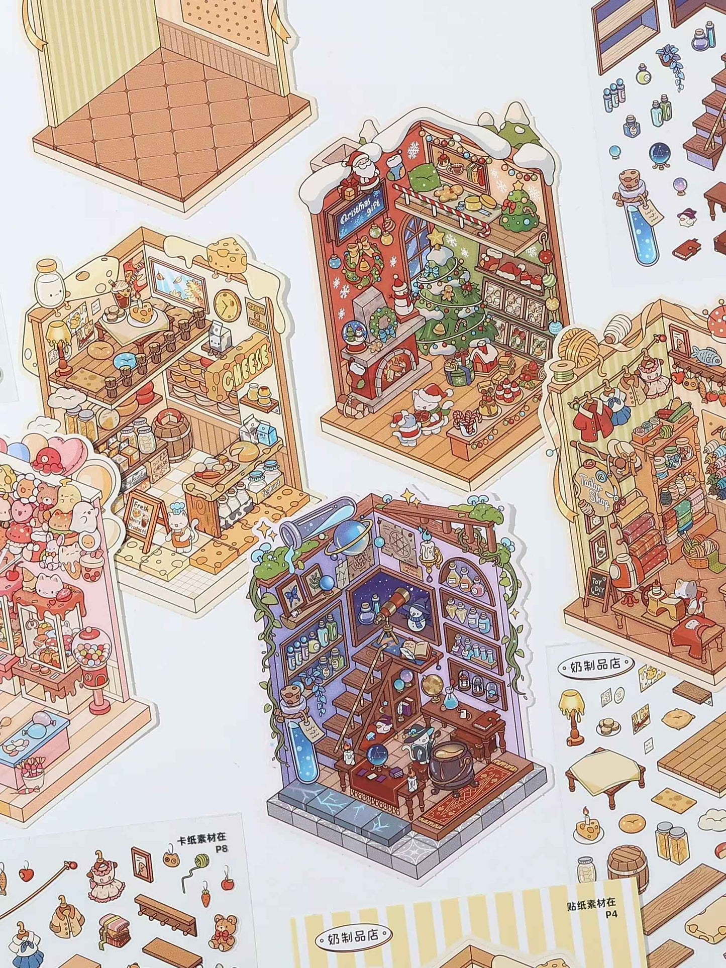 Cat Shop Series Miniature 3D Scene Stickers Scrapbook 8.0 - 10 Unique Themes Sticker Books: Food Street 5 Themes | Business Street 5 Themes