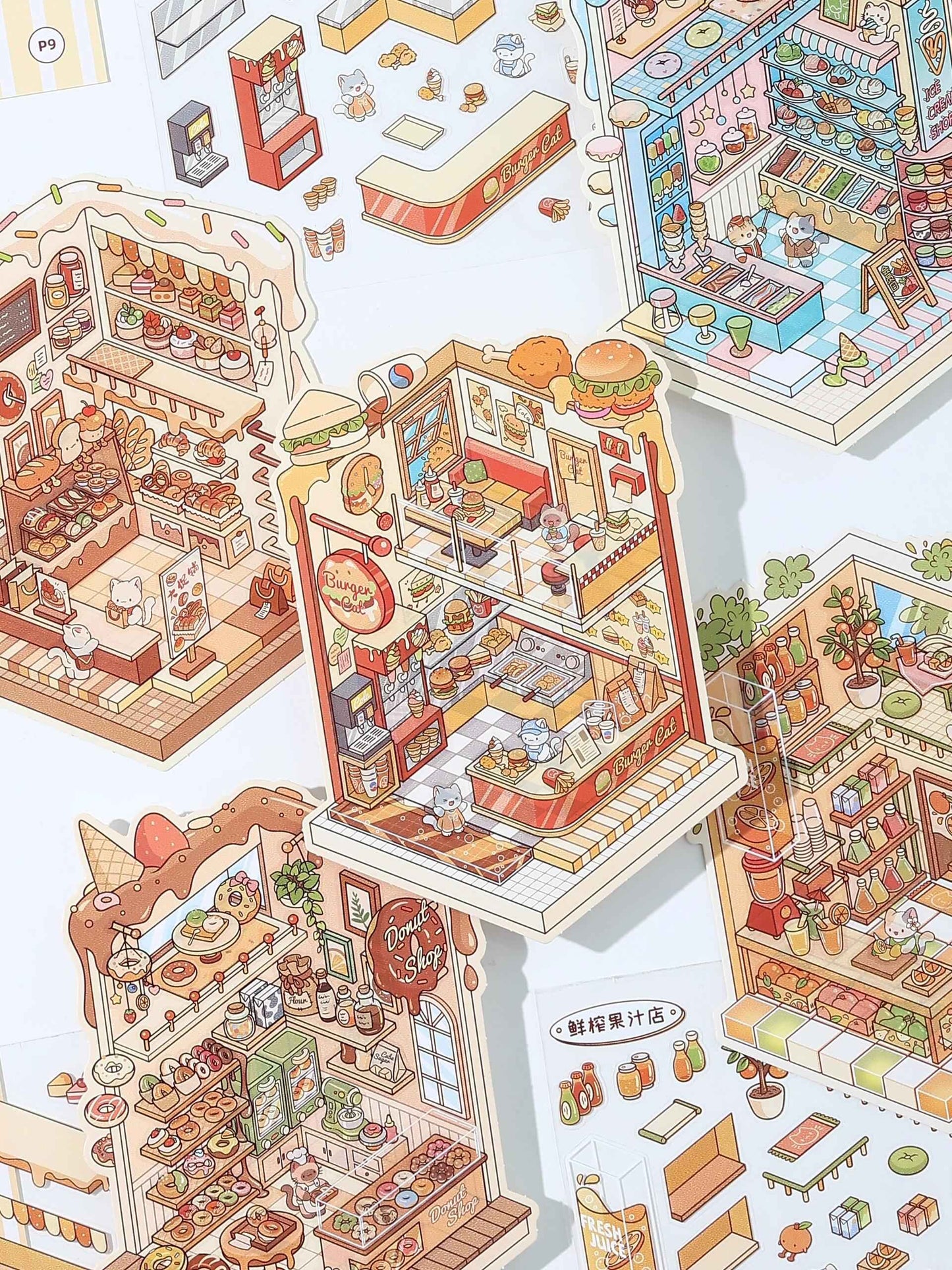Cat Shop Series Miniature 3D Scene Stickers Scrapbook 8.0 - 10 Unique Themes Sticker Books: Food Street 5 Themes | Business Street 5 Themes