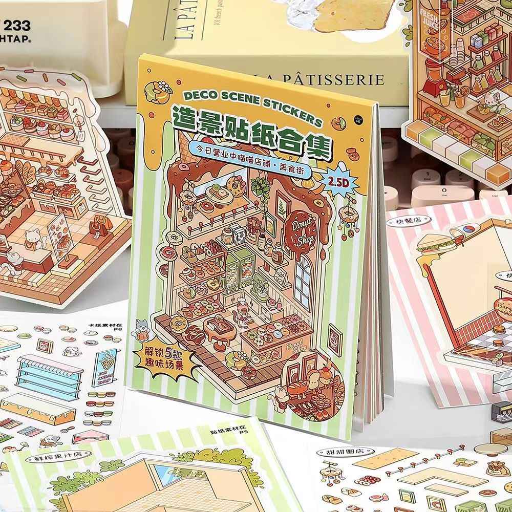 Cat Shop Series Miniature 3D Scene Stickers Scrapbook 8.0 - 10 Unique Themes Sticker Books: Food Street 5 Themes | Business Street 5 Themes