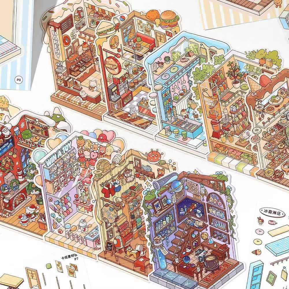 Cat Shop Series Miniature 3D Scene Stickers Scrapbook 8.0 - 10 Unique Themes Sticker Books: Food Street 5 Themes | Business Street 5 Themes