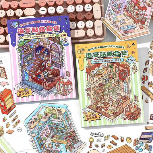 Cat Shop Series Miniature 3D Scene Stickers Scrapbook 8.0 - 10 Unique Themes Sticker Books: Food Street 5 Themes | Business Street 5 Themes