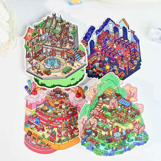 Game Start – 3D Miniature Scene Stickers – 4 Theme Sets: Cake Party | Adventurer’s Town | Mountain Wonderland | Haunted House
