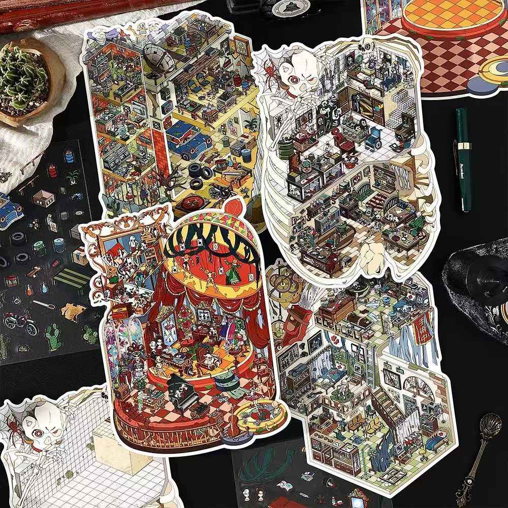 Horror Game Series – Plus Size 3D Miniature Scene Stickers – 4 Theme Sets: Puppet Theater | Horror Hospital | Bio-Apocalypse Camp | Skeleton Shop