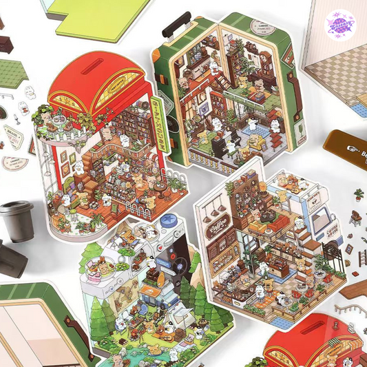Magical Realm 5.0 – Cute Bunny Boxed World 3D Sticker Scenes - 4 Theme Sets: Collection Gallery | Café | Mountain Top Camping | Gift Shop