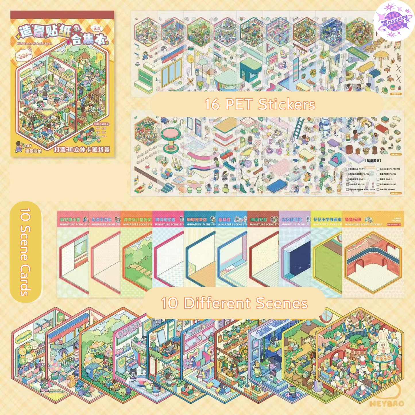 Miniature 3D Scene Stickers Scrapbook 7.0 – 20 Unique Themes: Purple Book (10 Themes) | Yellow Book (10 Themes)
