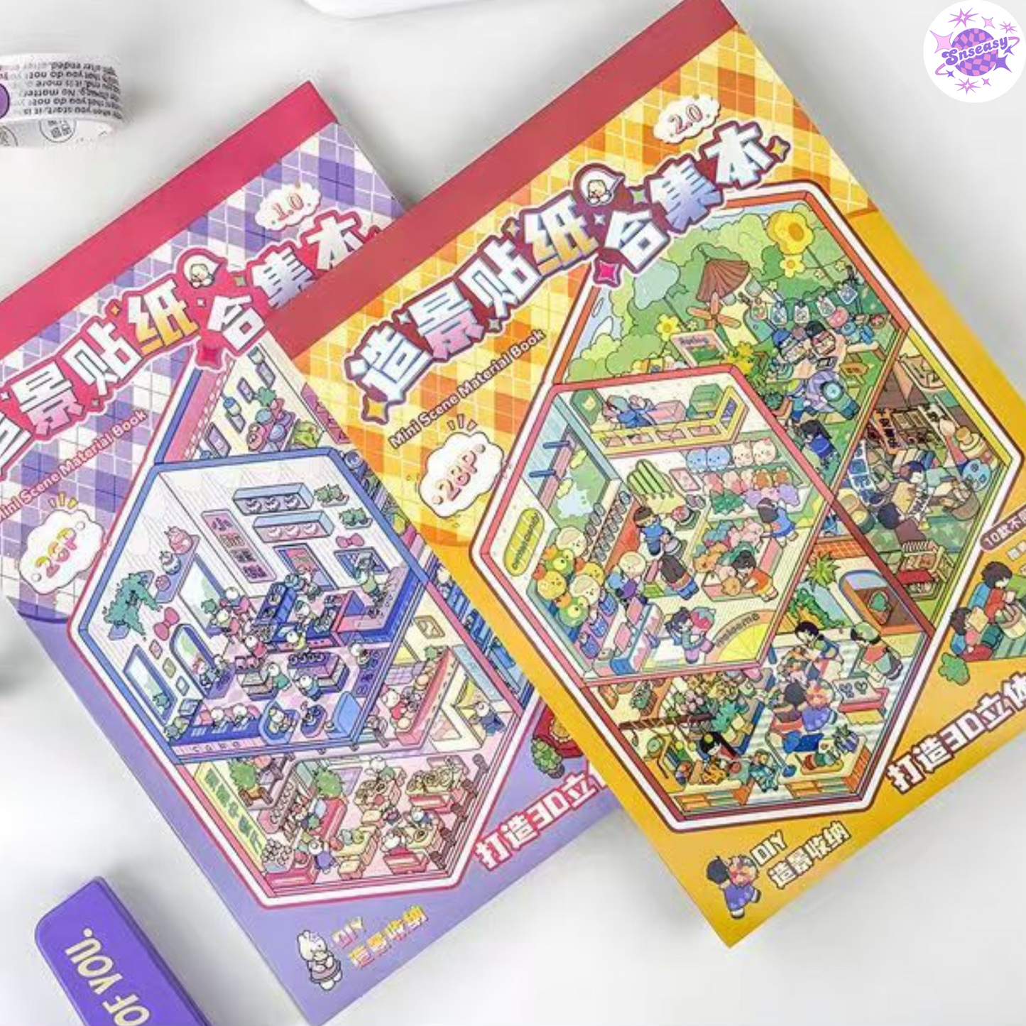 Miniature 3D Scene Stickers Scrapbook 7.0 – 20 Unique Themes: Purple Book (10 Themes) | Yellow Book (10 Themes)